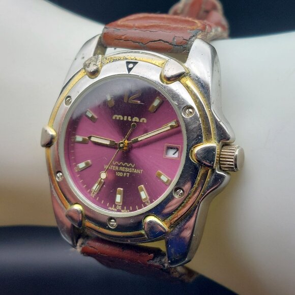 Milan Mens Date Wristwatch With Pink Dial & Woven Brown Leather Strap - Picture 1 of 8